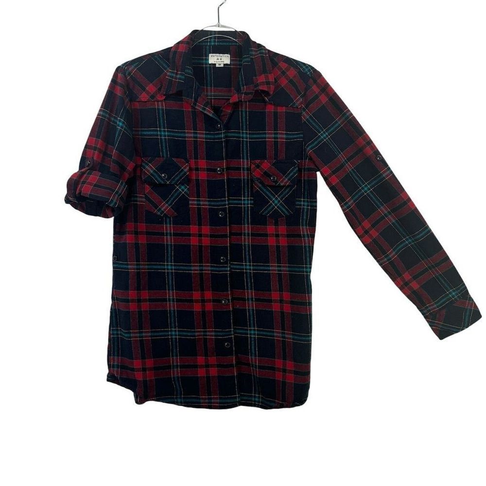 Matchstick Women Plaid Flannel Button-Up Shirt Red Blue M Norm Gorpcore Grunge